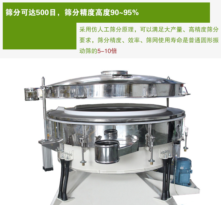 搖擺篩分機采用仿人工篩分原理，可以滿足大產量、高精度篩分 要求，篩分精度、效率、篩網使用壽命是普通圓形振 動篩的5-10倍